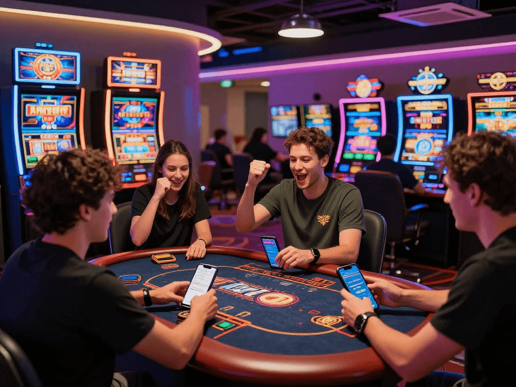 Crypto casino players celebrating wins in a vibrant online gaming environment filled with neon lights.