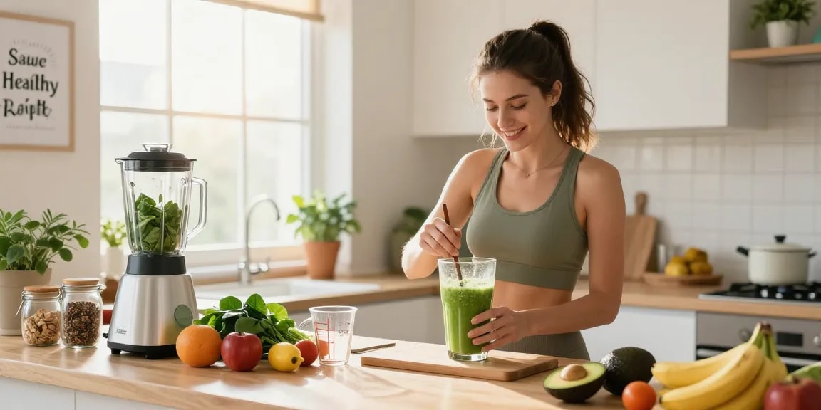 A vibrant woman preparing a healthy smoothie at koiaminos.com, showcasing fresh vegetables and fruits in a sunny kitchen.
