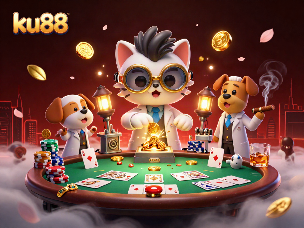 Engage in exhilarating gaming moments at ku88 with a vibrant casino scene featuring lively characters and poker elements.