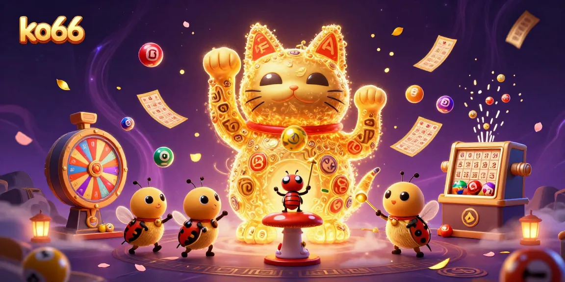 Engage with ko66's magical experience featuring a giant lucky cat made of golden fireflies amidst vibrant casino symbols.