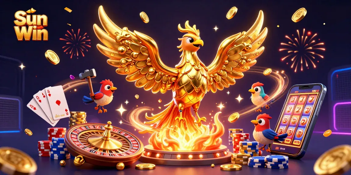 Experience winning thrills with Sun Win's dynamic casino scene featuring a golden phoenix and exciting game elements.