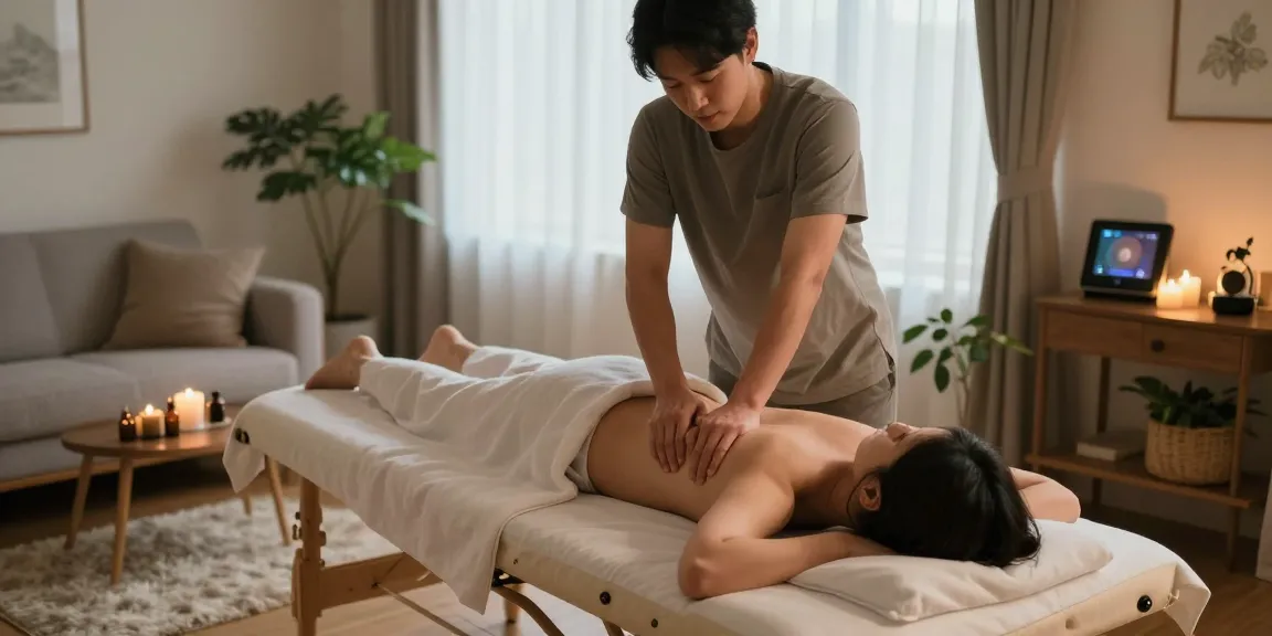 Experience the serene benefits of 서초출장마사지 in a tranquil home setting with ambient lighting and soothing atmosphere.