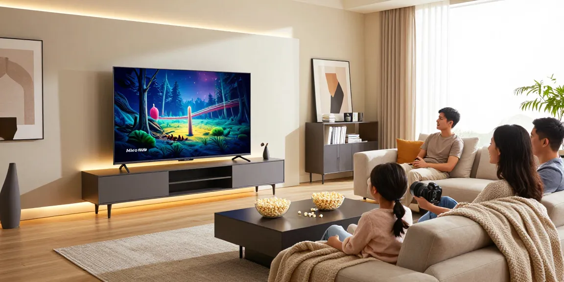 Family enjoying movie night with Samsung Micro RGB TV in a stylish living room, showcasing vibrant colors and ambient lighting.