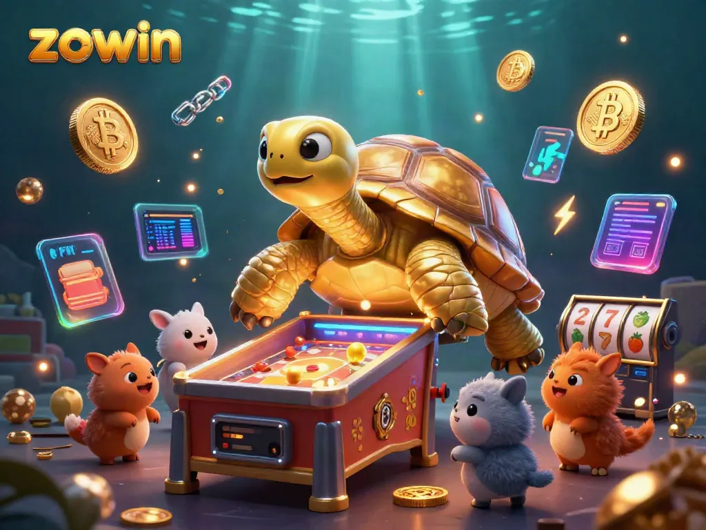 Zowin showcases thrilling gameplay with a golden tortoise pinball machine and vibrant slot elements in a captivating 3D scene.