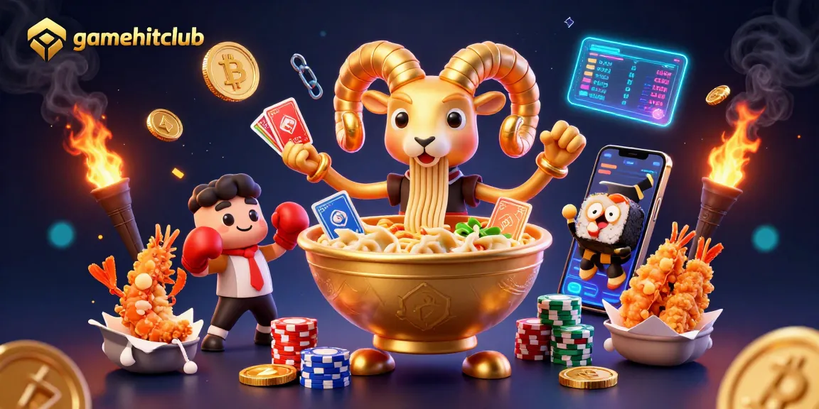 Engage with gamehitclub players at a vibrant casino scene, featuring a golden ramen bowl and crypto elements.
