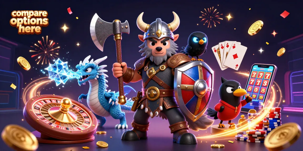 Experience the dynamic scene of a Viking warrior among cascading coins and roulette, compare options here.