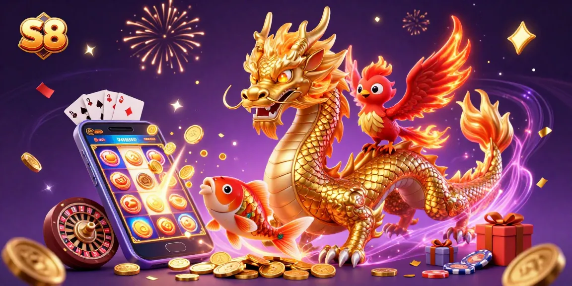 S8 celebrates a thrilling gaming experience with a vibrant dragon and phoenix immersed in casino excitement.