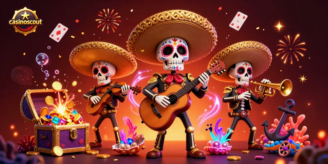 Experience winning moments at casinoscout with vibrant 3D mariachi characters celebrating in a rich casino scene.