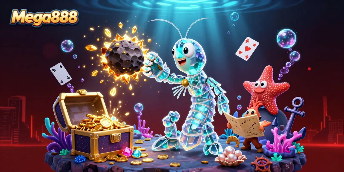Experience mega888 excitement with a dynamic 3D casino-themed underwater adventure illustration.