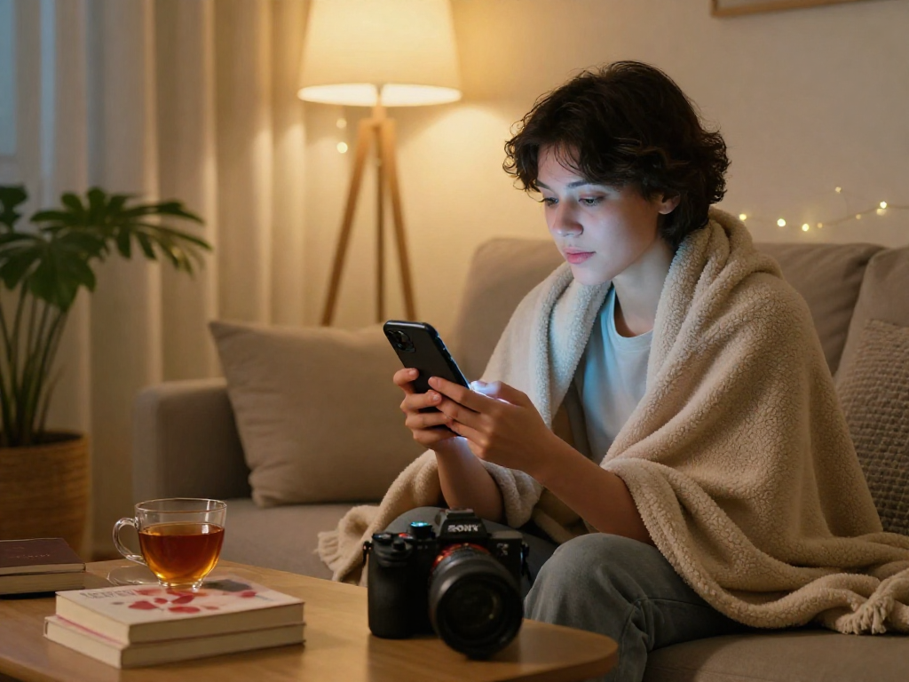 Person using sex chat AI on a smartphone in a cozy setting with ambient lighting.