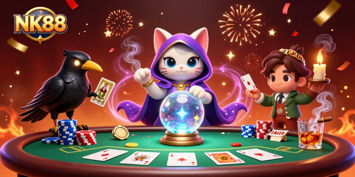 Experience the thrill of NK88 with a vibrant casino scene featuring a mystical cat and fluttering poker action.