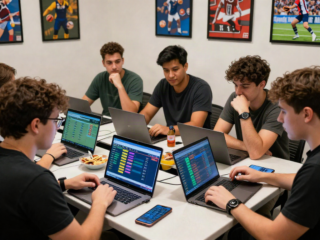 Engaging group of friends analyzing 토토사이트 검증 먹튀스팟 strategies in a competitive sports betting environment.