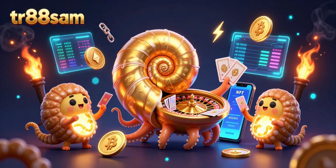 Spin the roulette at tr88sam with an ancient giant nautilus, vibrant bitcoin coins, and glowing charts.