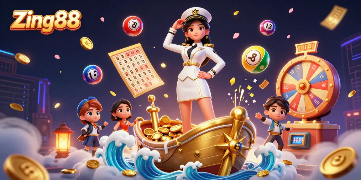 Zing88 invites players with exciting lottery balls and vibrant casino elements in a stunning 3D illustration.