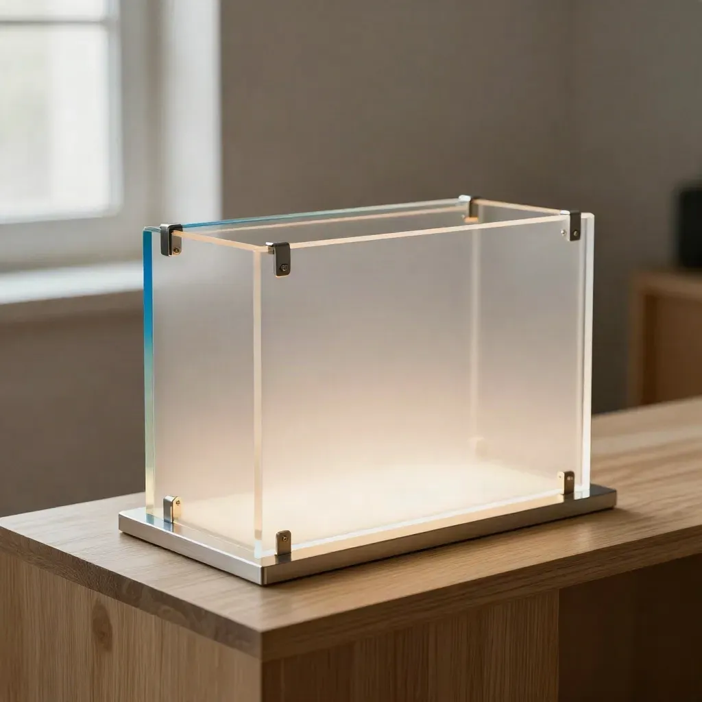 Extreme macro of an illuminated acrylic storefront mockup with brushed aluminium standoffs and frosted glow.