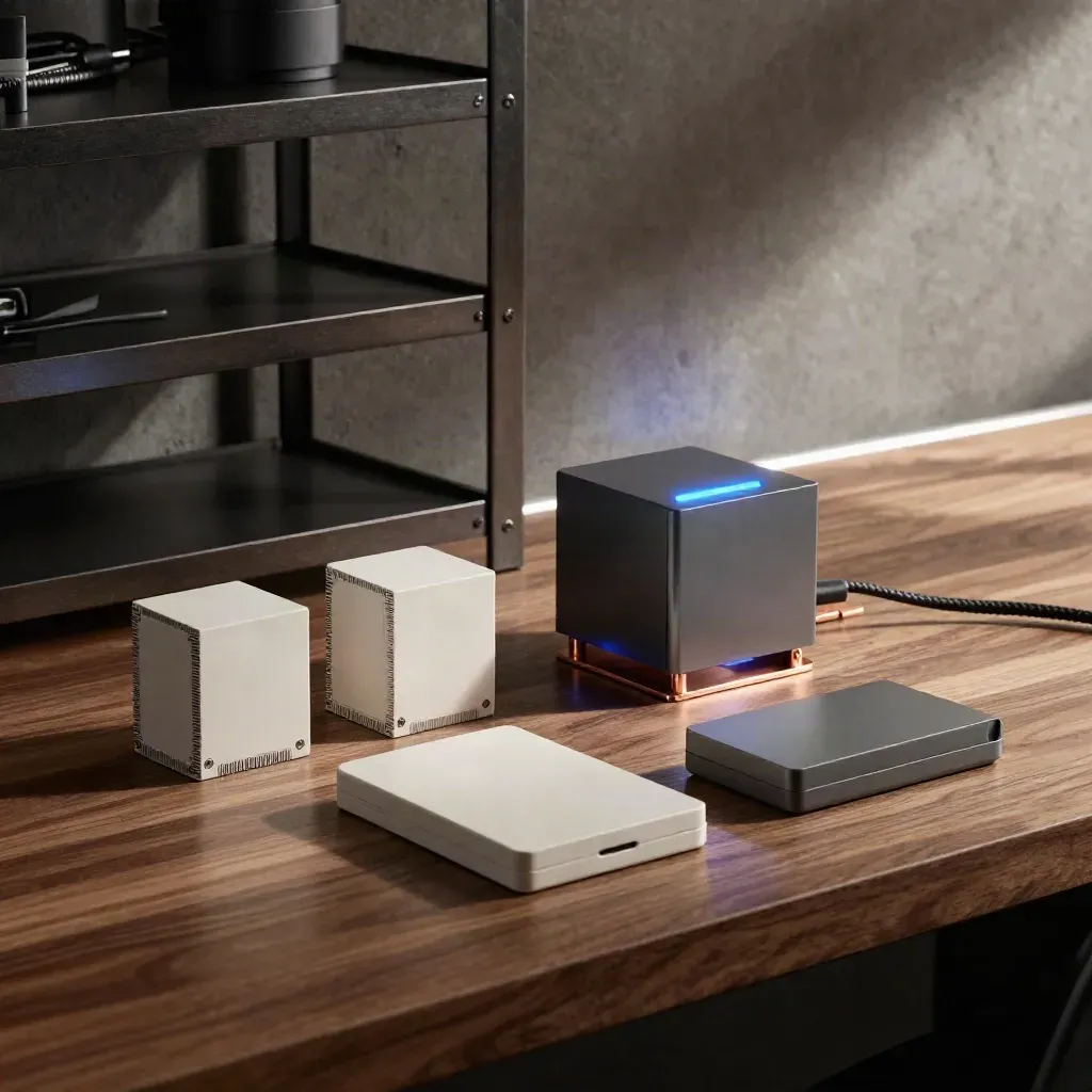 SaaS MVP launch kit on a walnut bench with device shells, a status cube and copper accents.