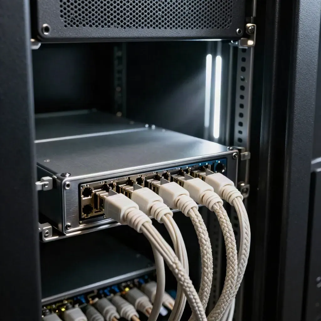 Patch panel and braided cables in a server alcove with cool haze and rim light.
