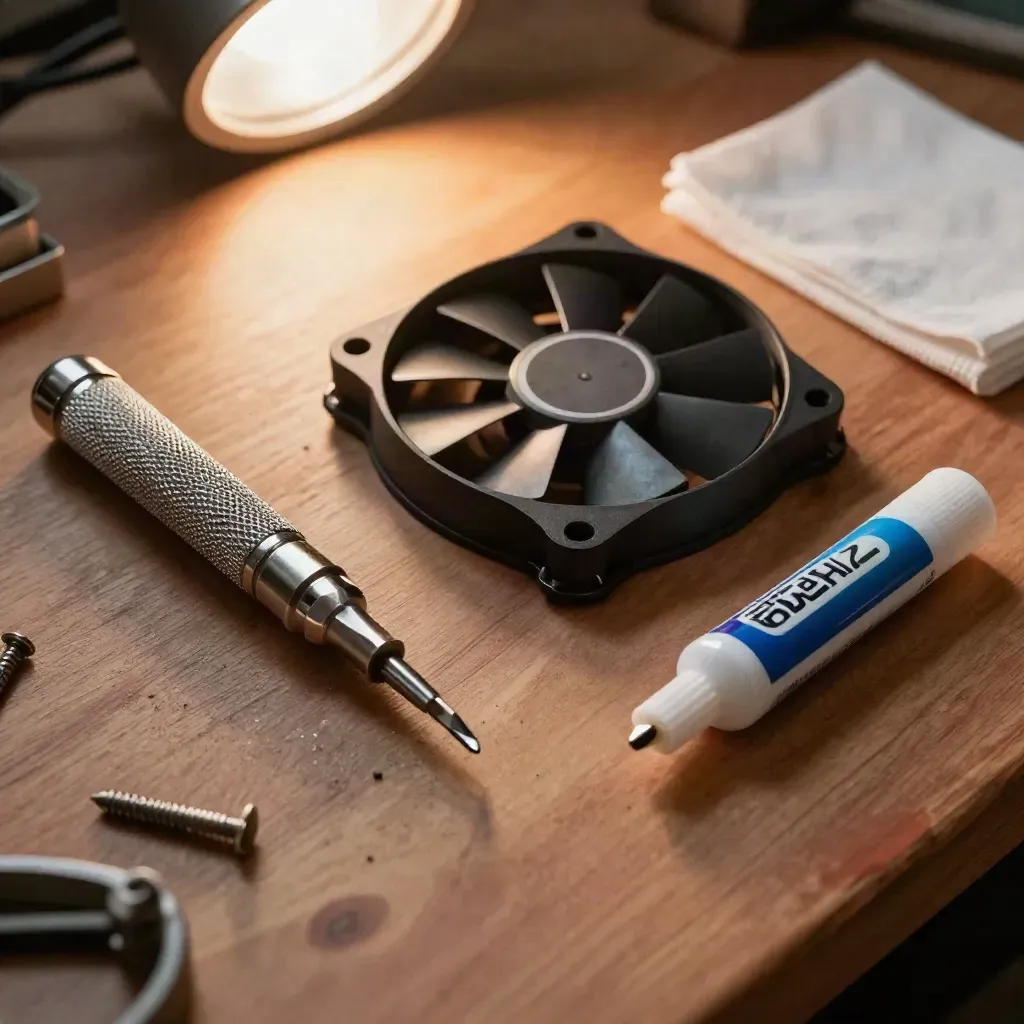 Open tech support kit on a warm workbench with drivers, fan, paste and cloth