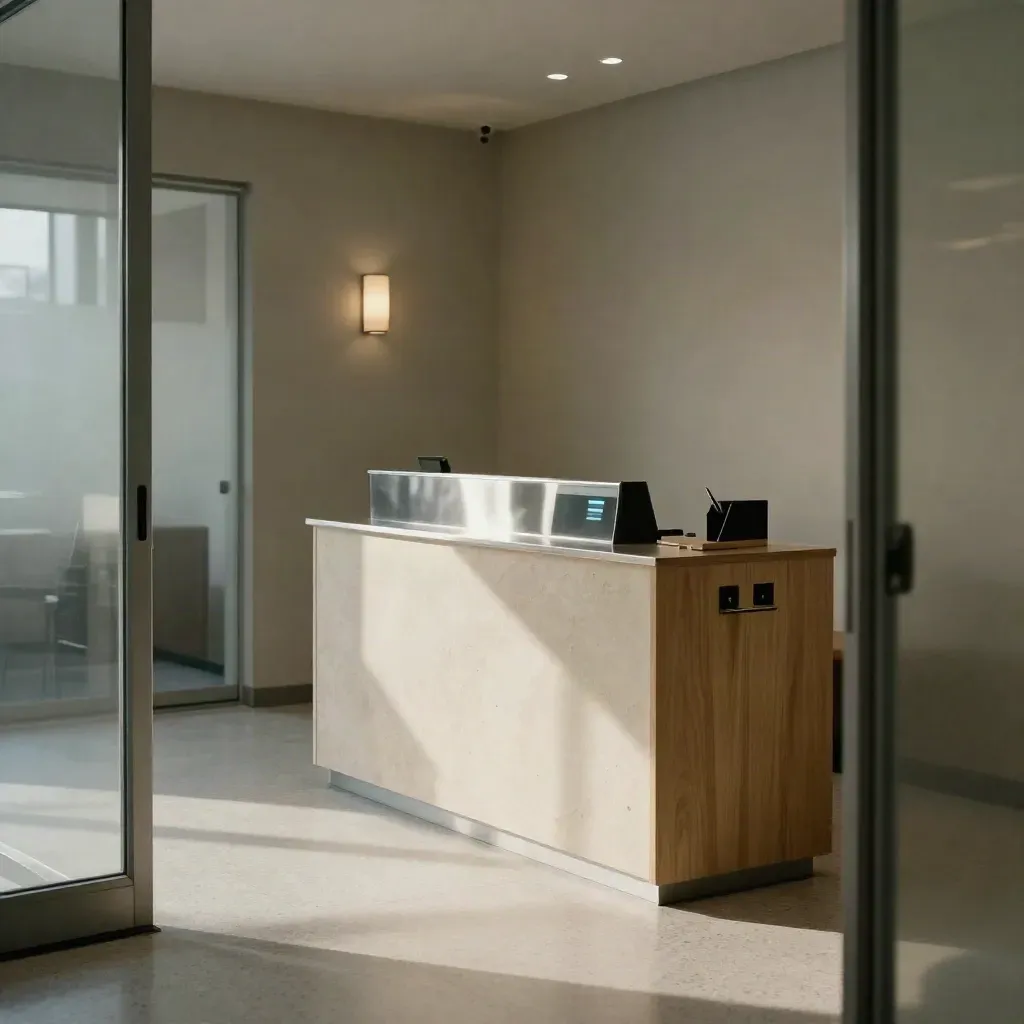 Clinic entrance with a minimalist booking pedestal, tidy counter and soft daylight.