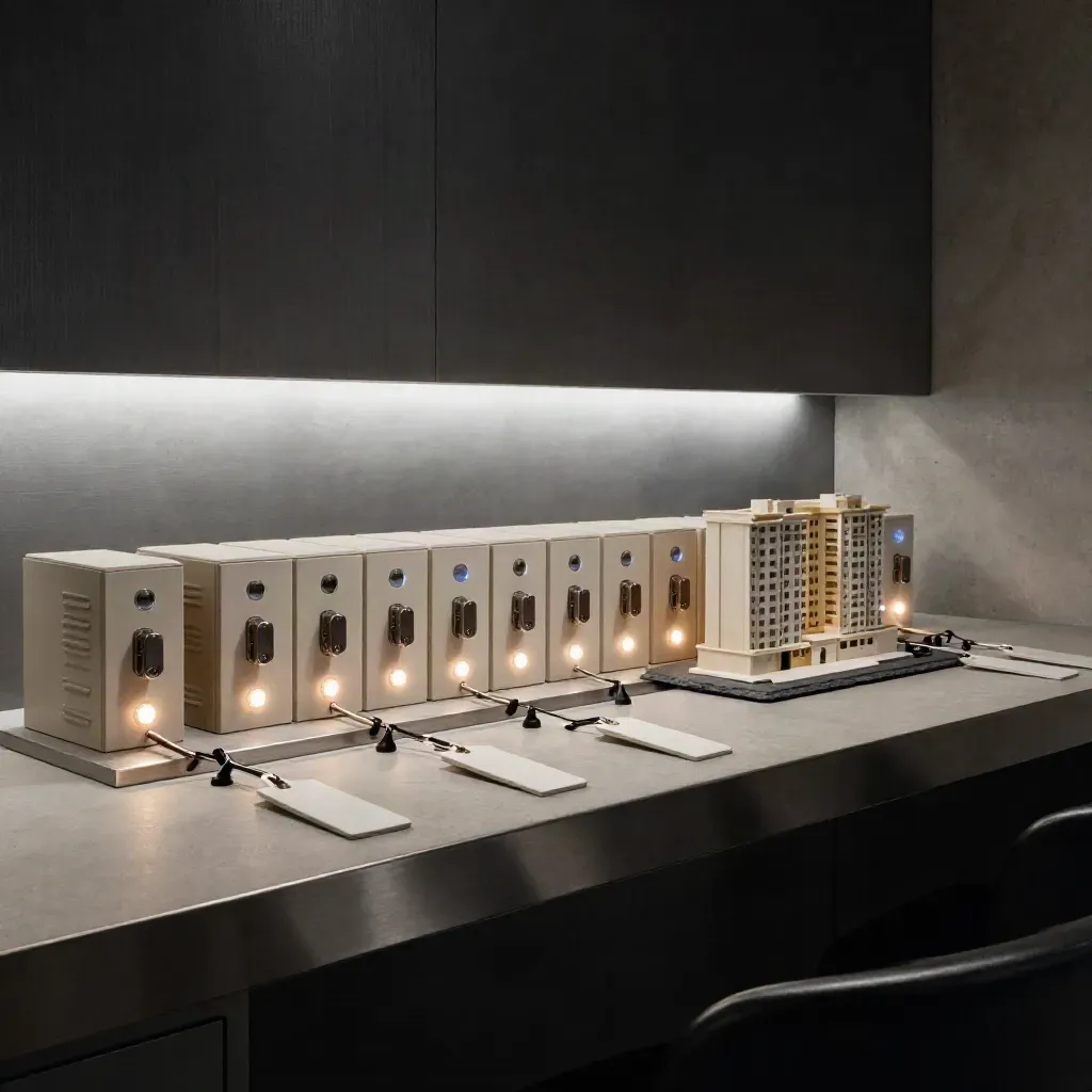 Property operations console with key tags, lockboxes, a miniature building model and blue alert lights.