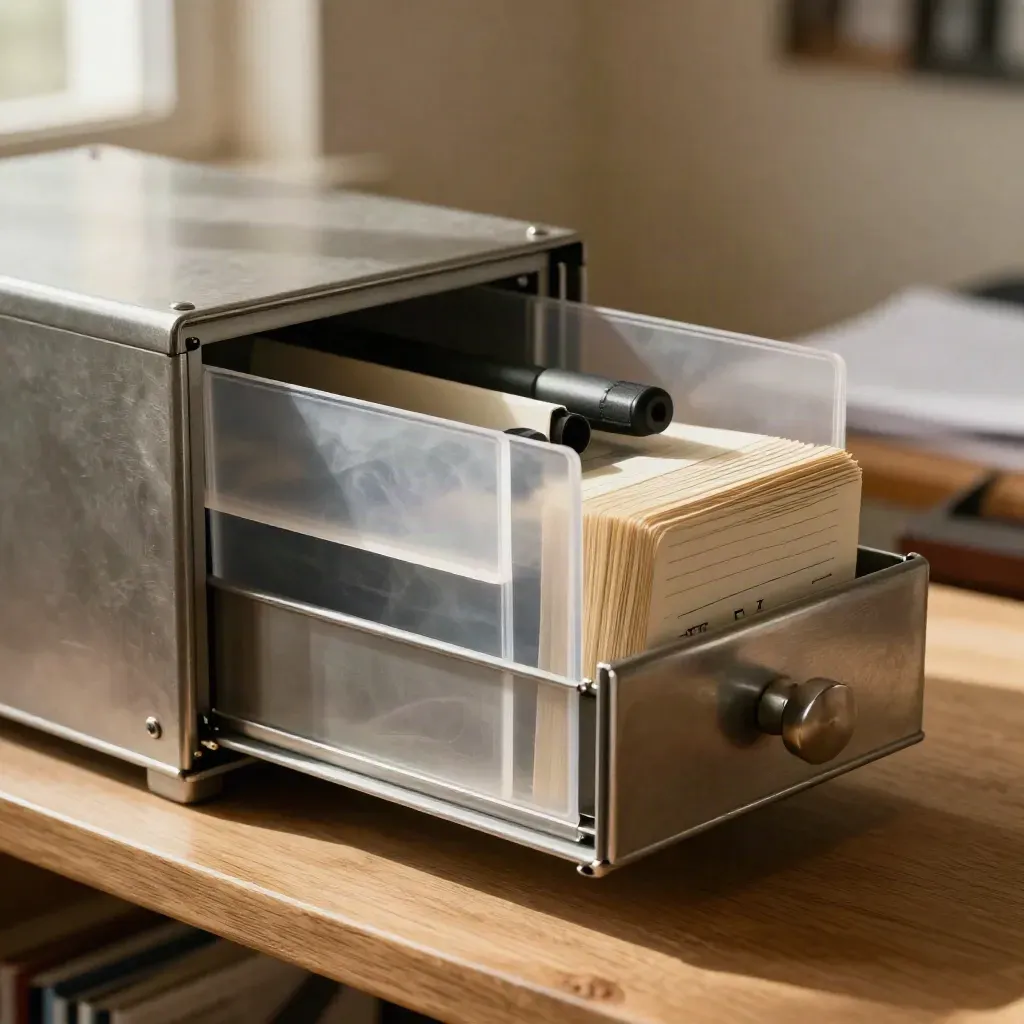 Open steel index cabinet with translucent tabs and search cards in warm window light