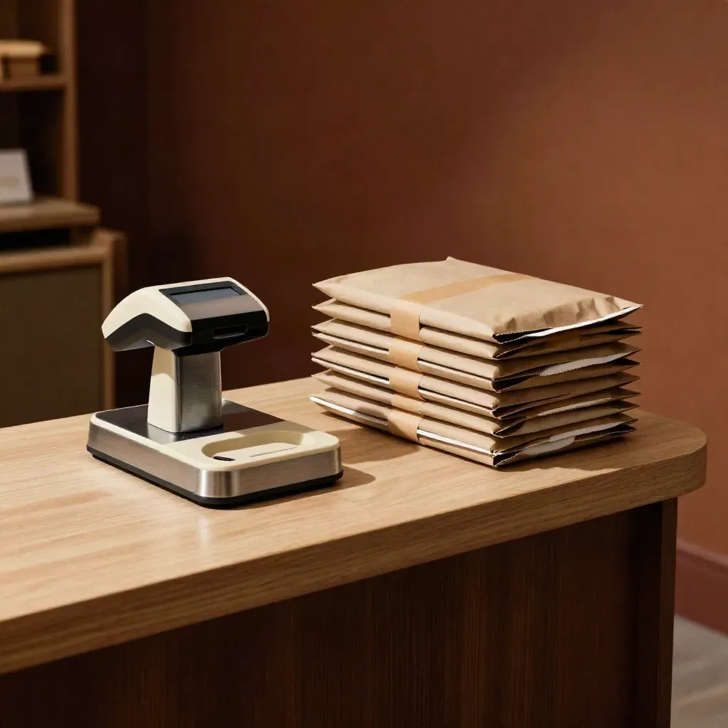 Retail checkout bench with card reader, sealed parcels and tidy tray in warm shop light.