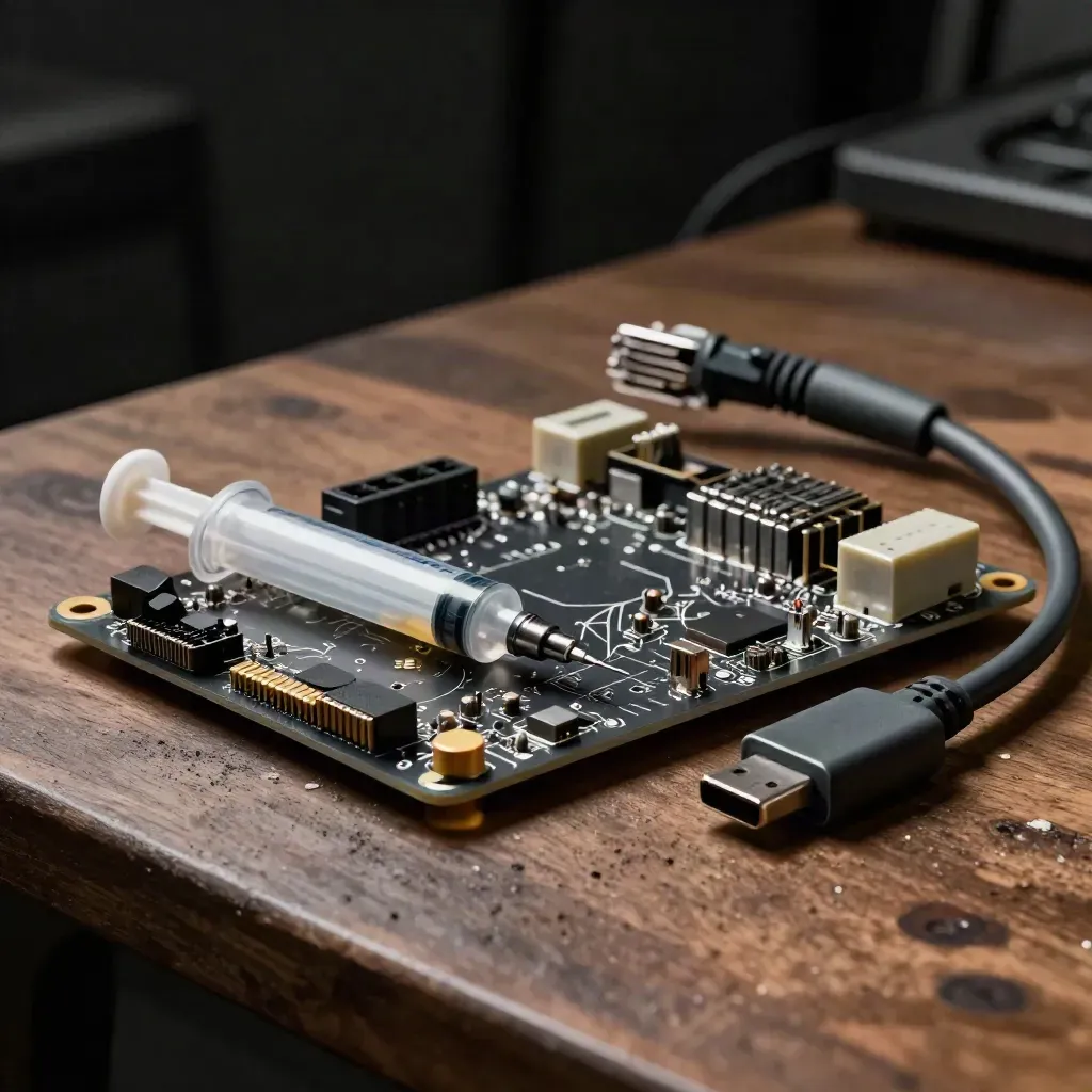 PCB, thermal paste syringe and Ethernet cable on a walnut workbench under dramatic studio light