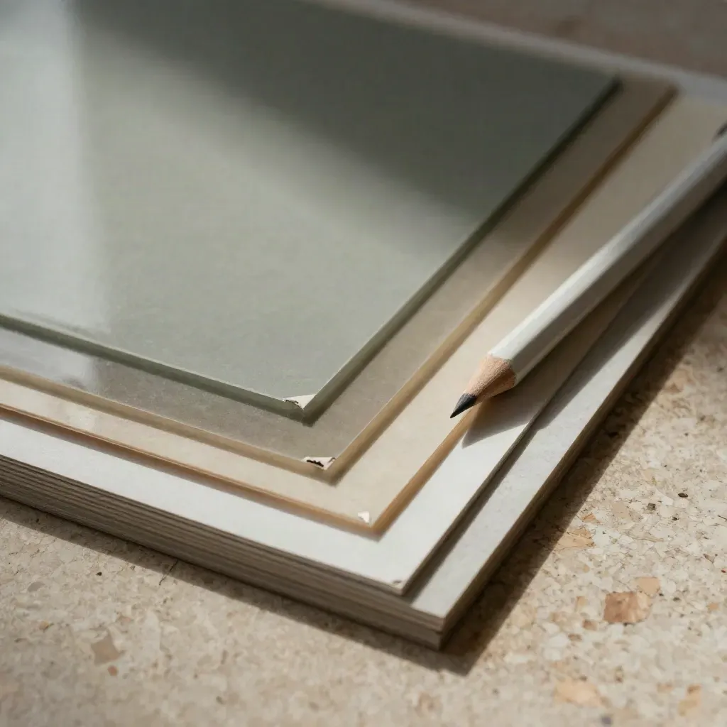 Tracing film, swatch chips and a ceramic pencil layered on a studio surface in soft daylight.