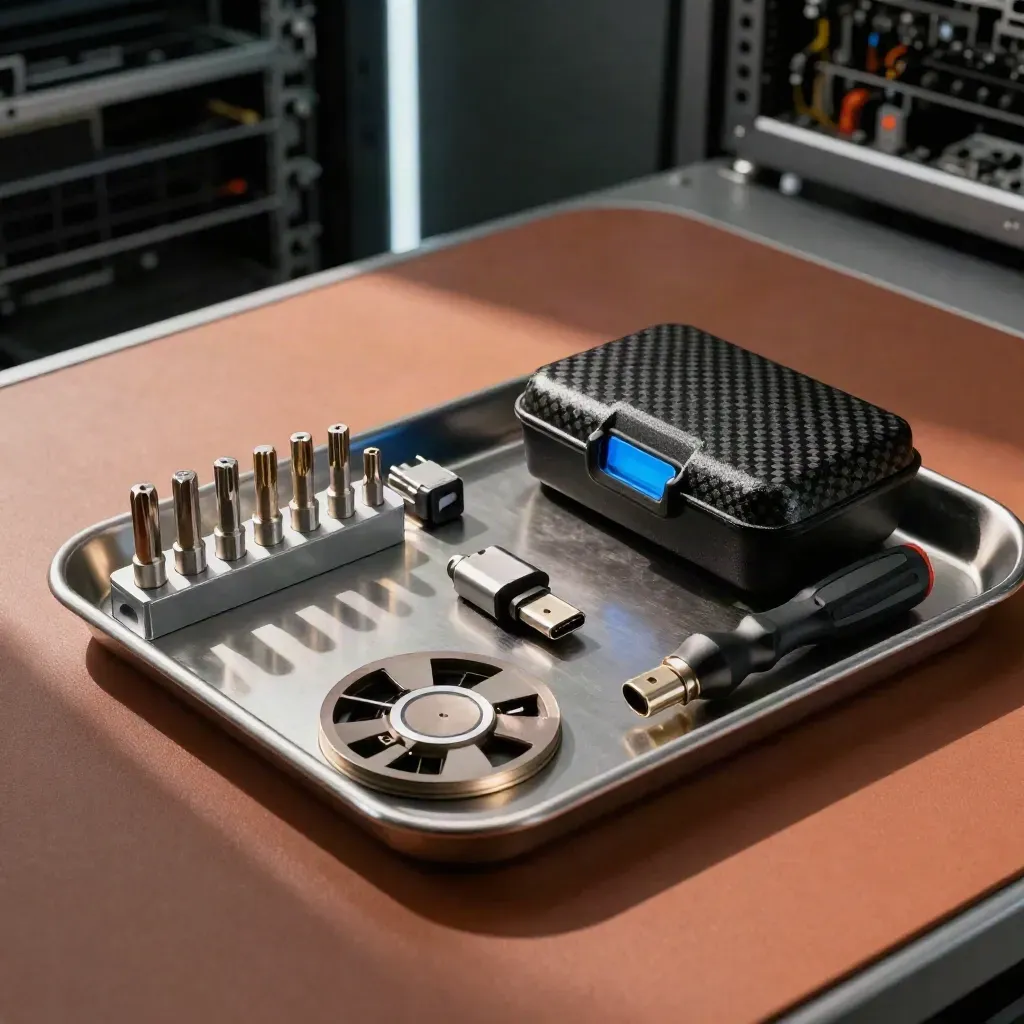 Support toolkit with bits, fan blades, adapters and anti-static case on a terracotta bench