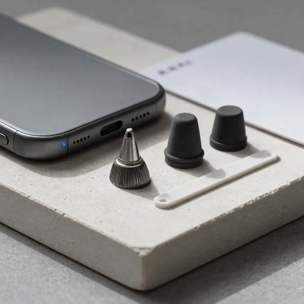 Macro tray with calibration pucks, a sealed phone shell and silicone bumpers on plaster.