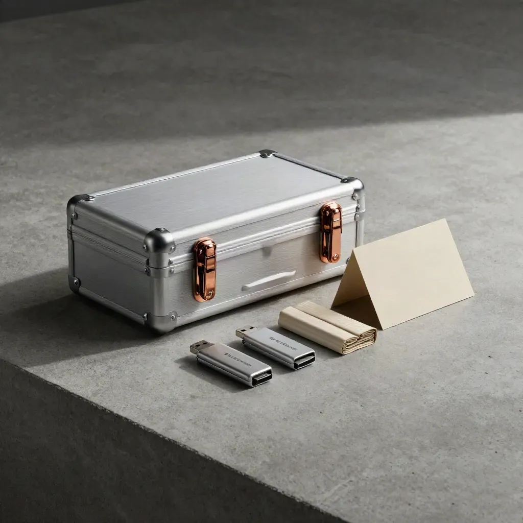 Aluminium handover case with USB drives and cable wraps on concrete, soft side light.