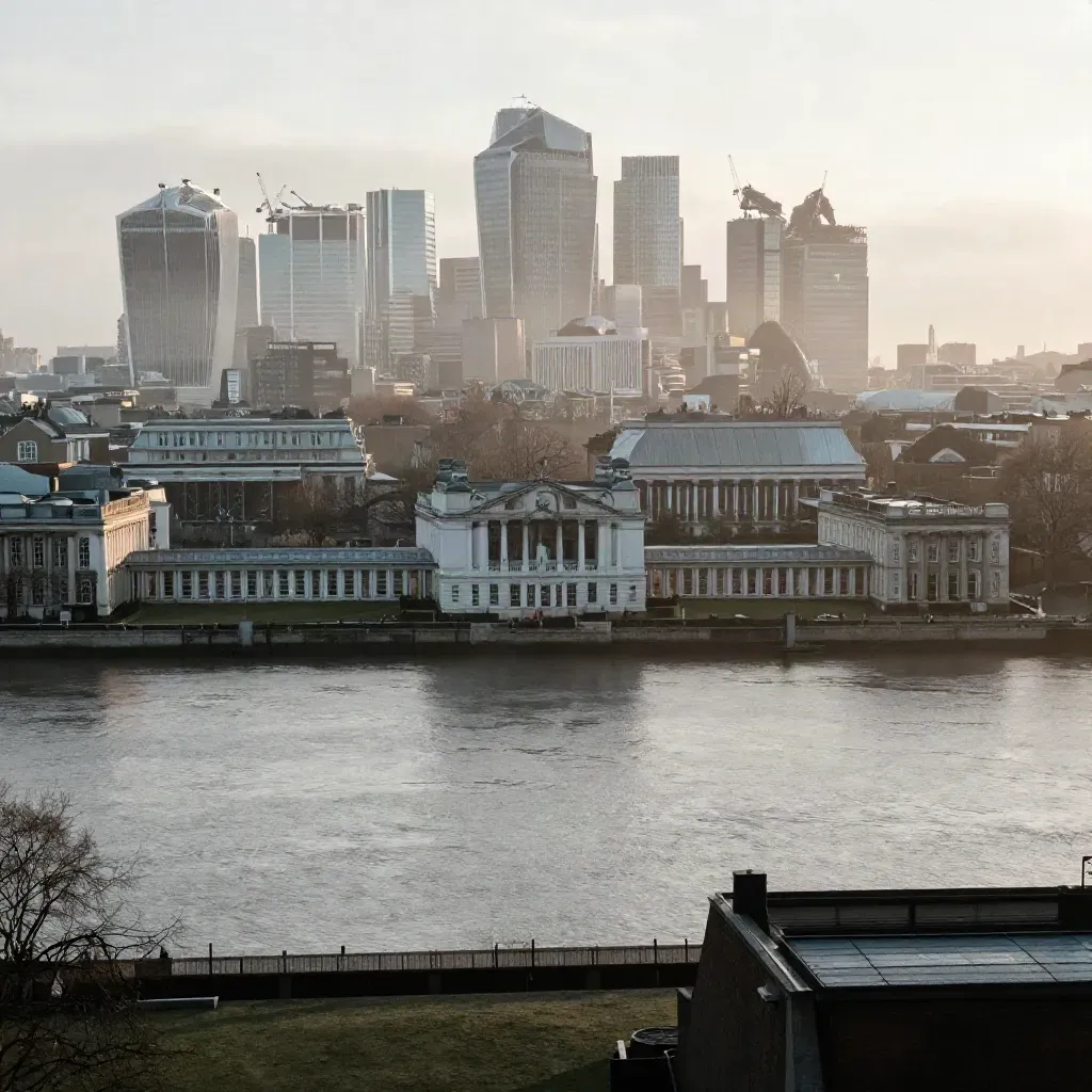 London skyline beyond Greenwich over the Thames in dawn mist