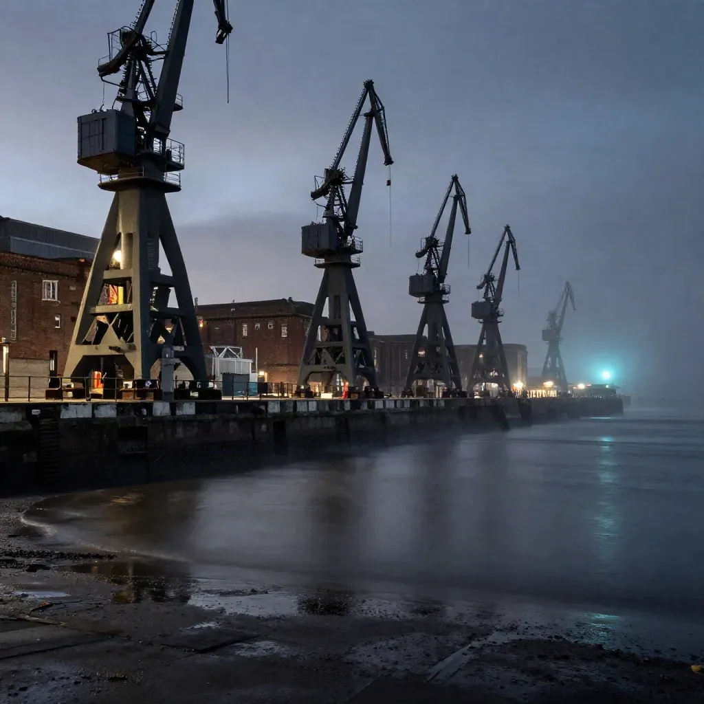 Liverpool dock cranes and brick quays in blue-hour sea haze above a calm waterfront.
