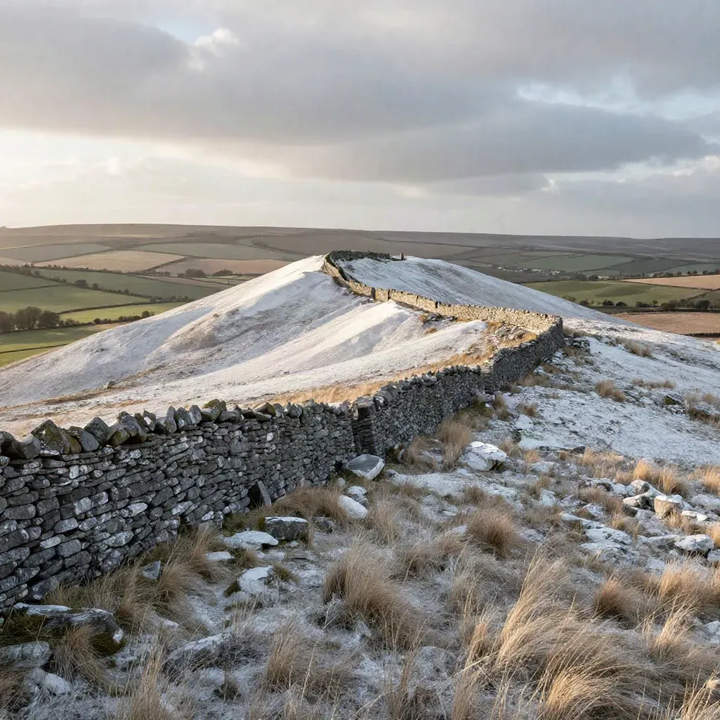 Chalk downs with a dry-stone wall, patchwork fields and hazy late-afternoon sun.