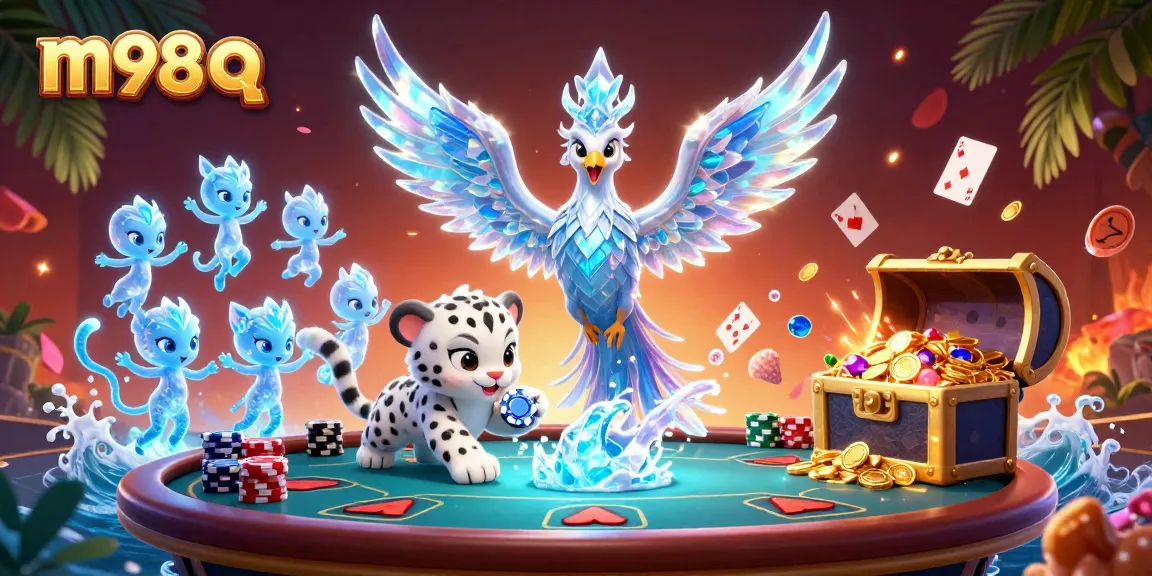 Experience the excitement of m98 q with a vibrant 3D illustration highlighting casino elements like poker chips and cards.