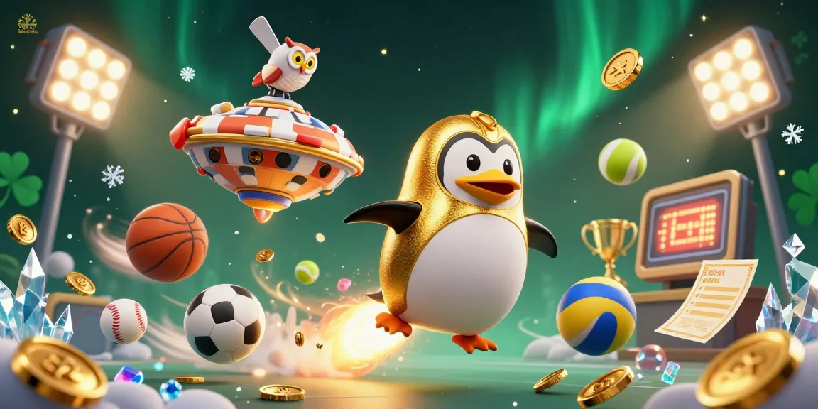 Engage with tải sunwin as a rocket-powered penguin flies past a vibrant casino in space, surrounded by sports elements.