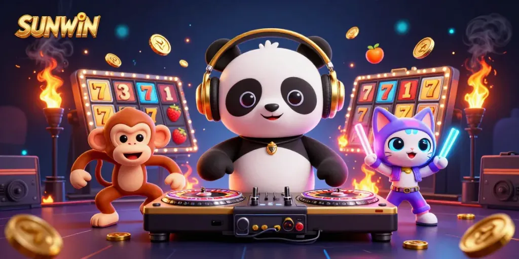 SUNWIN brings excitement to life as a DJ panda spins a roulette wheel with a breakdancing monkey and a rave kitten in a vibrant casino scene.