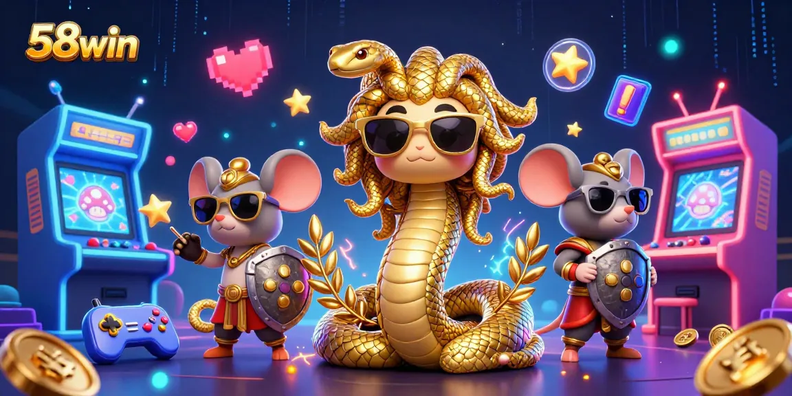 Experience exciting gameplay with 58win, featuring Medusa and a warrior mouse in a vibrant casino scene.