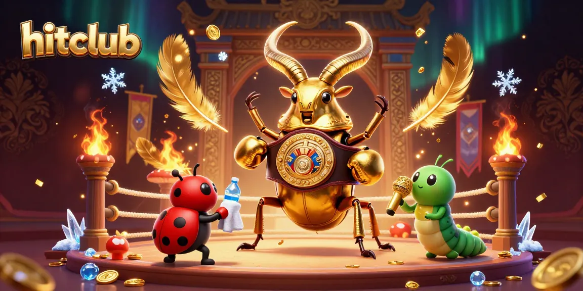 hitclub showcases an epic showdown featuring a giant golden stag beetle champion with vibrant casino elements.