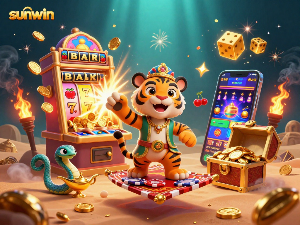 Experience exciting wins at sunwin with a 3D jackpot explosion illustration showcasing casino elements.