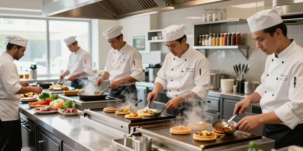 Commercial Griddles in a busy kitchen with chefs preparing pancakes and burgers, showcasing professional cooking equipment.