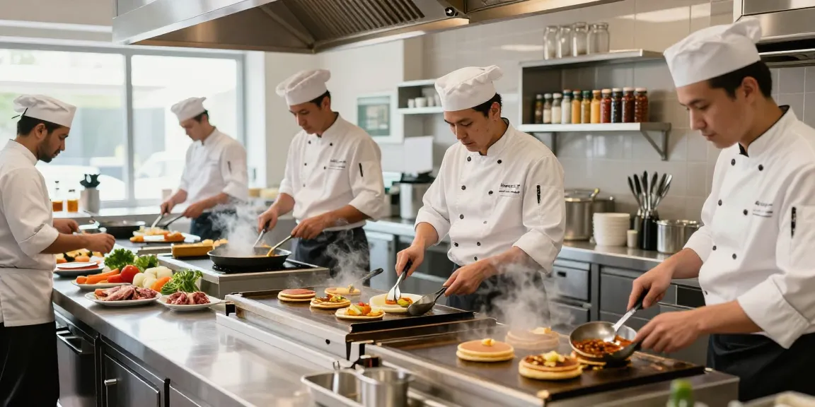 Commercial Griddles in a busy kitchen with chefs preparing pancakes and burgers, showcasing professional cooking equipment.
