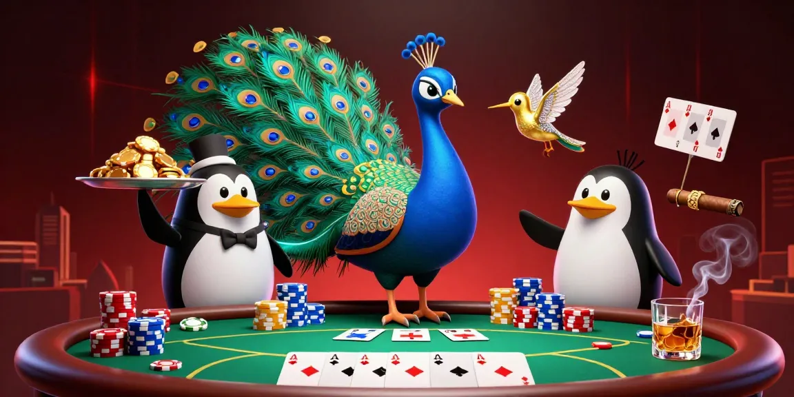 Experience thrilling poker action with play456bd's vibrant peacock and friends in a lively casino scene