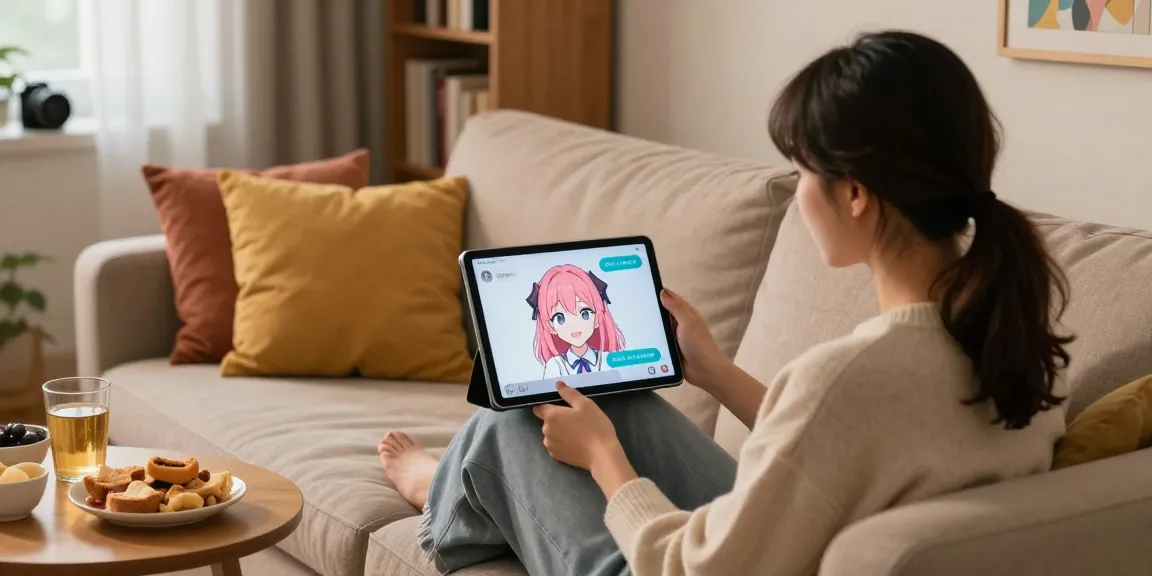 Interactive cozy scene of a user enjoying free ai ecchi chat with an animated character.