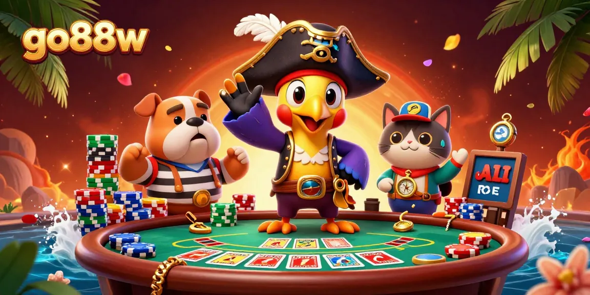 Engage with go88w as your 3D pirate captain plays poker at a lively casino table.