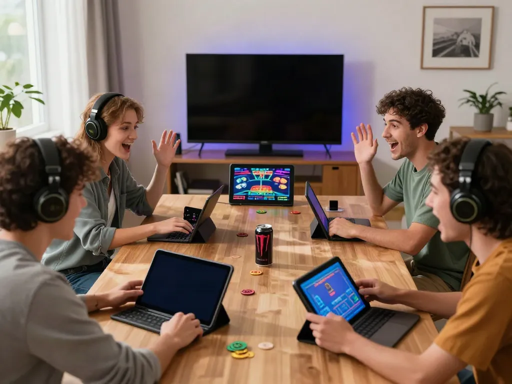 A lively group enjoying SIN88 nhà cái online casino games in a cozy home setting, showcasing excitement and interaction.