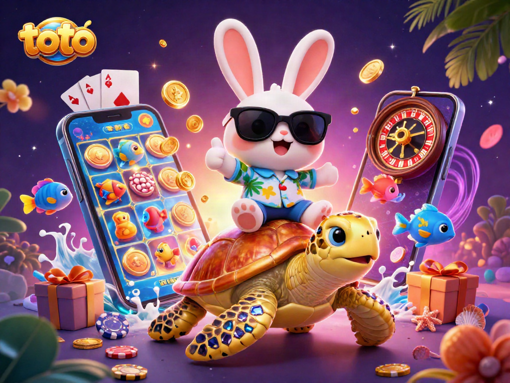 Play exciting toto games with a lucky rabbit and a golden turtle in this vibrant casino scene.