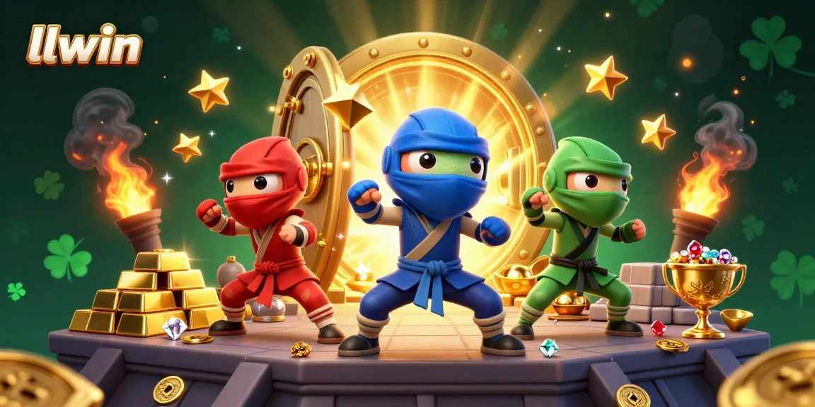 Experience winning moments at llwin with a trio of ninja chameleons battling for treasure in this vibrant scene.