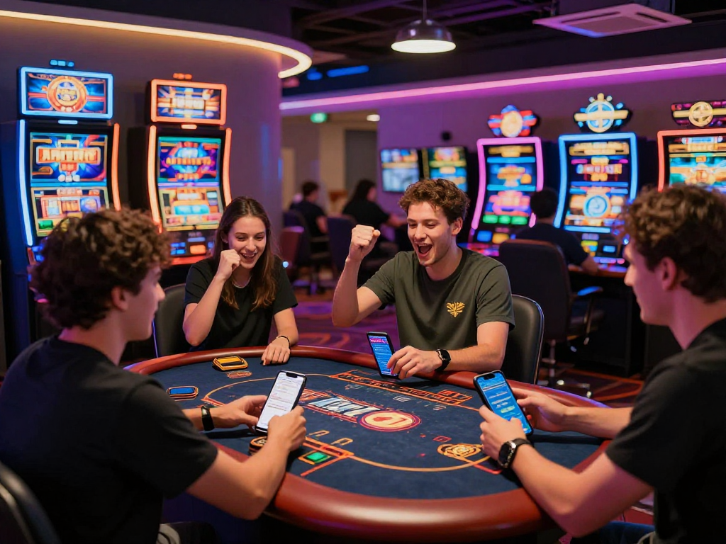 Crypto casino players celebrating wins in a vibrant online gaming environment filled with neon lights.