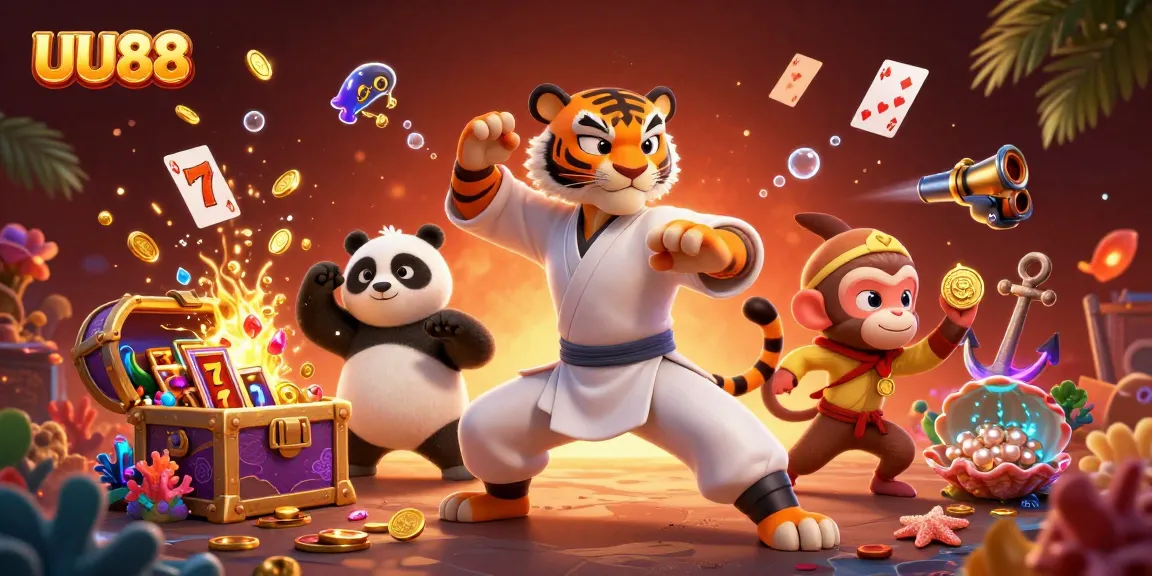 Experience the fun of UU88 with a lively 3D casino scene showcasing excitement and treasures!